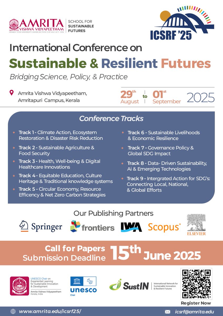 Vinod Menon (@nvcmenon) on Twitter photo Submit Papers on any of the 9 tracks at the International Conference on Sustainable and Resilient Futures: Bridging Science, Policy and Practice #ICSRF25 before 30th June 2025 by registering on amrita.edu/icsrf25. <a href="/AMRITAedu/">Amrita Vishwa Vidyapeetham</a> <a href="/AmritaWna/">AmritaWNA</a> <a href="/ManeeshaSudheer/">Maneesha Sudheer</a> <a href="/IndiaDST/">DSTIndia</a> <a href="/moesgoi/">MoES GoI</a> Submit Papers on any of the 9 tracks at the International Conference on Sustainable and Resilient Futures: Bridging Science, Policy and Practice #ICSRF25 before 30th June 2025 by registering on amrita.edu/icsrf25. <a href="/AMRITAedu/">Amrita Vishwa Vidyapeetham</a> <a href="/AmritaWna/">AmritaWNA</a> <a href="/ManeeshaSudheer/">Maneesha Sudheer</a> <a href="/IndiaDST/">DSTIndia</a> <a href="/moesgoi/">MoES GoI</a>