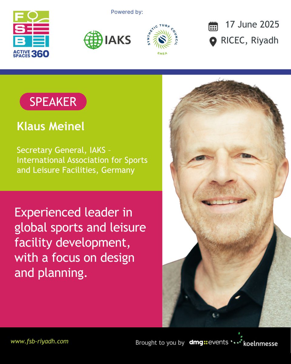 FSB Sports Show Riyadh (@fsbssriyadh) on Twitter photo ๐จWe are excited to announce that Klaus Meinel, Secretary General of IAKS International, will be moderating ActiveSpaces 360 on 17th June, powered by @IAKS International and <a href="/ESTC/">Eugene Swim & Tennis</a> (EMEA Synthetic Turf Council), hosted at the <a href="/FSB/">FSB</a> Sports Show Riyadh โ the leading event for sports ๐จWe are excited to announce that Klaus Meinel, Secretary General of IAKS International, will be moderating ActiveSpaces 360 on 17th June, powered by @IAKS International and <a href="/ESTC/">Eugene Swim & Tennis</a> (EMEA Synthetic Turf Council), hosted at the <a href="/FSB/">FSB</a> Sports Show Riyadh โ the leading event for sports