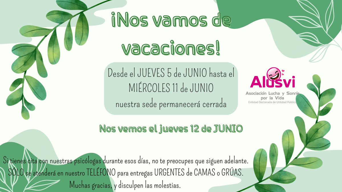 ¡Nos vamos de vacaciones unos días! 

Volvemos el JUEVES 12 de JUNIO. 

Nuestro teléfono 658915577 seguirá operativo para SOLICITUDES DE CAMAS O GRÚAS de forma URGENTE. 

Esperamos que todos disfrutéis de la Romería del Rocío
#alusvipilas #alusvipilas #ayudandoapersonas #Pilas