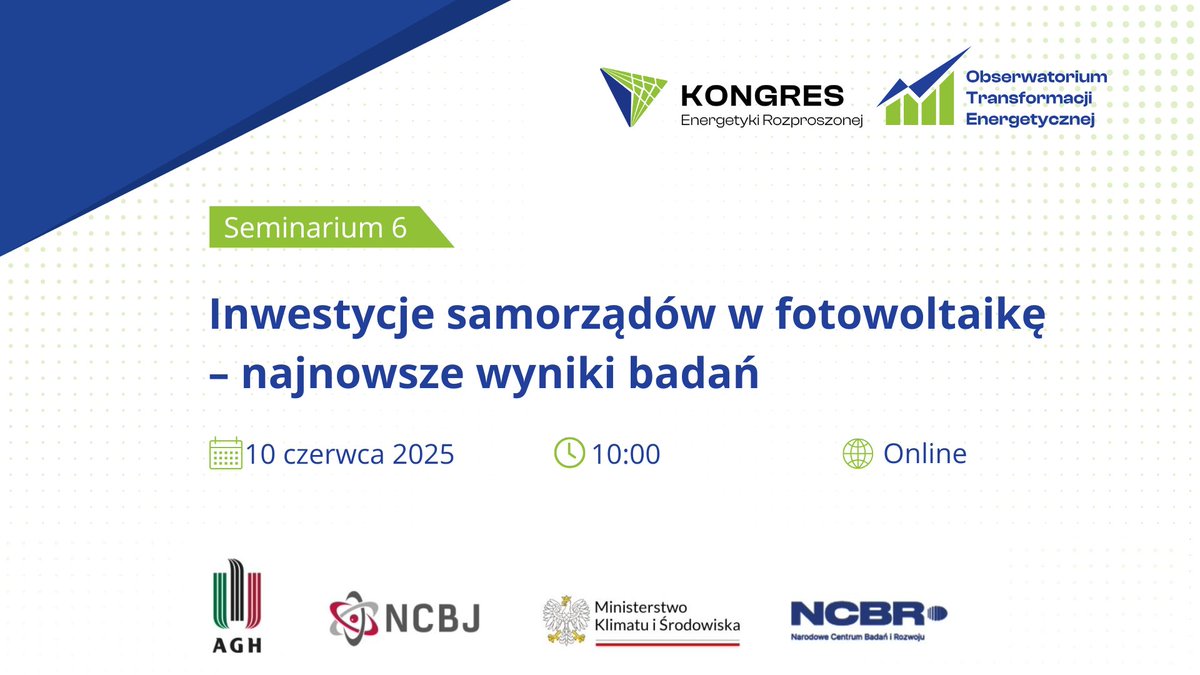 W trakcie sem. zostaną przedstawione kluczowe wnioski z ogólnopolskiego badania dot.inwestycji samorządów w instalacje fotowoltaiczne po marcu 2022 roku. 
Na ankietę odp. aż 85% JST, dzięki czemu uzyskano wyjątkowo reprezentatywne wyniki! 
Rejestracja: s.agh.edu.pl/QgMo7