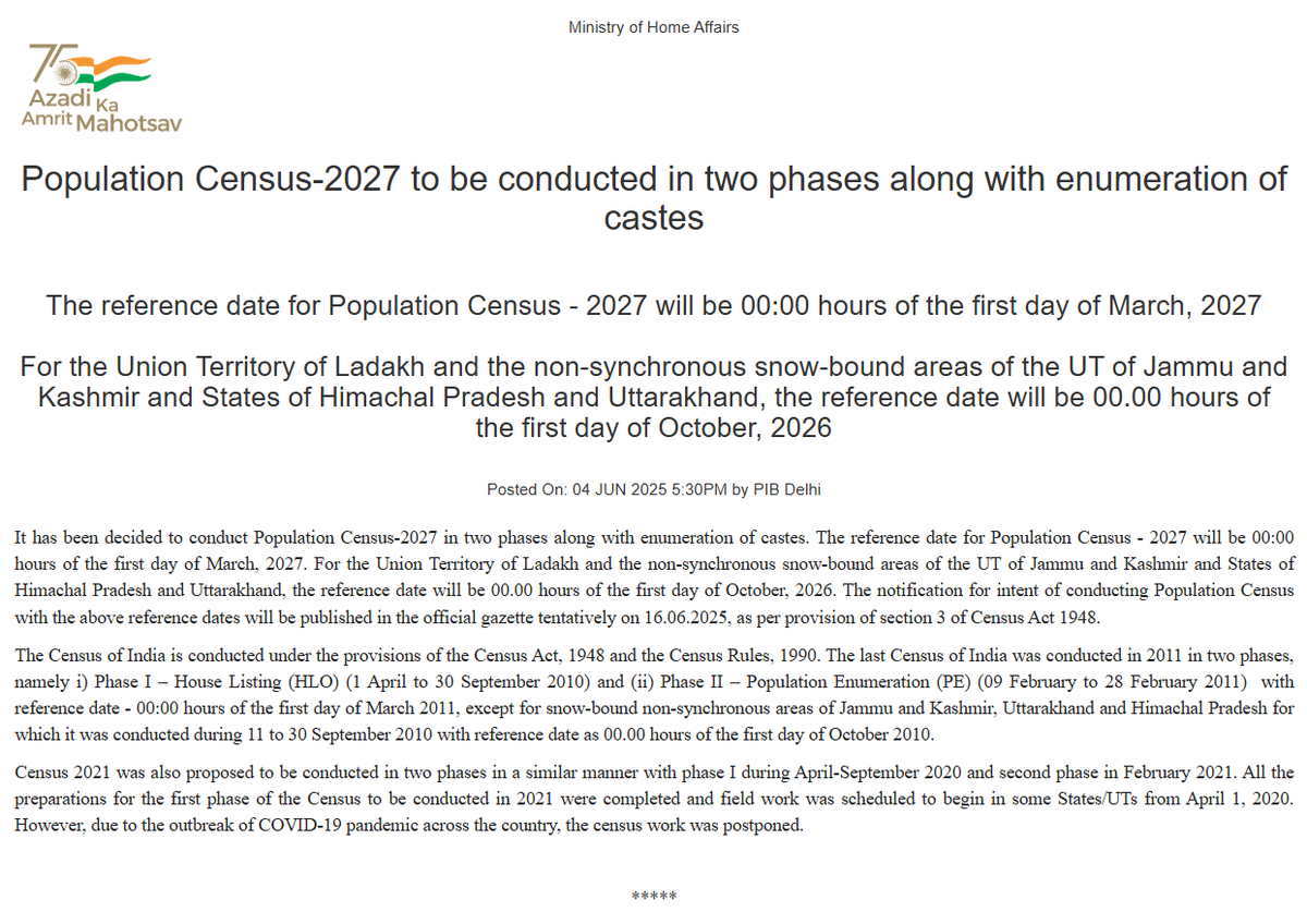 PIBHomeAffairs's tweet photo. Population Census-2027 to be conducted in two phases along with enumeration of castes

Read here: https://t.co/5Nt4QOPqda

@HMOIndia 
@PIB_India https://t.co/avUqB878d2