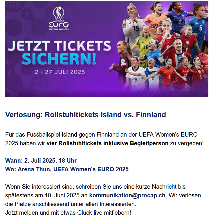 MatthiasEngel09's tweet image. Voll daneben: Die grösste Schweizer Behindertenselbsthilfeorganisation #Procap und das @WEURO2025-OK führen eine #WEURO2025-Ticketverlosung für Menschen mit #Behinderung durch. Erst im Kleingedruckten erfahren die Mitglieder: Teilnahmeberechtigt sind nur #Rollstuhl-Menschen🙄