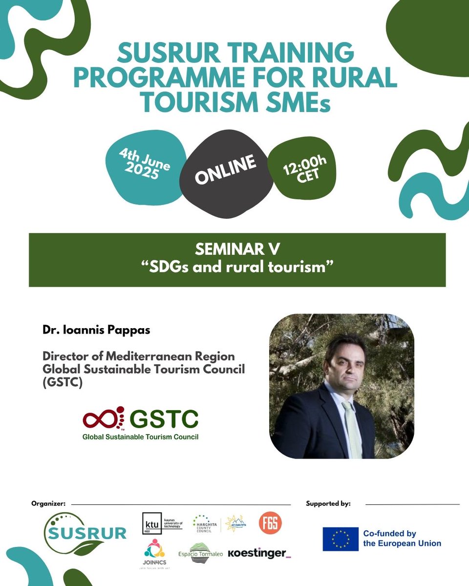 susrurproject's tweet photo. 🌱Seminar V: SDGs and rural tourism
📅  4 June |🕛 12:00 CET | 💻 Online

#sustainabletourism #ruraltourism #EISMEA https://t.co/EPSbk5GnWM