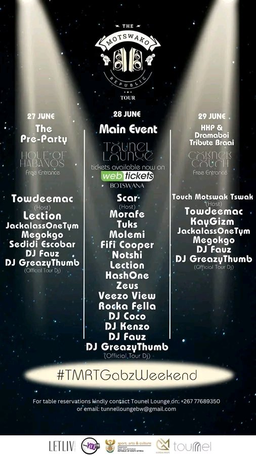 ZeusDeuceAfrika's tweet photo. Le bone line-up ya #MotswakoRepublicTour? 🙆🏾‍♂️ Halalalalalala! GOAT after GOAT across generations and borders! Hit after Hit Ngwanaka! Ke utlwa ke gopola dinako tsele Jabba a re tsaya re le skeem gotwe Letlamoreng Friday wa di 60s weekend e le molelo fela on stage! Bo Maftown Heights! Banna bitsang Ma'Pitoli le Basotho re tseye stadium once 🇧🇼🇿🇦 Minister Jacob Kelebeng o tla swipe'a di'charge le High Commissioner wa Mzansi (kana ba bitse Private Sector🤑) go diragale ka festive!

#Motswako Culture Exchange e ntlhatswa pelo 😅🎤🎤🎤🎤🎤🎤🏟🔥🔥🔥🔥 Re bitsa Katlego Ramusa a tle go kwala new chapters as the story continues, Writers, Historians, Linguists bo Professor Thapelo Otlogetswe (Motswakolista yo motona!), Filmmakers,Culture Curators... Ke nako! Jabba and Drama's legacies take it to another level. Batho mo ke ditso tsa rona le bagarona! 💙🖤🤍📚🎸🎬🖼🎬