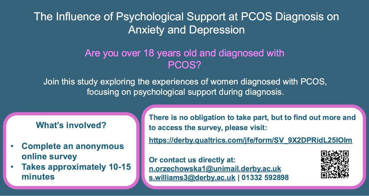 📣 Participants needed!  Can you help with Natalia’s study?

Natalia is exploring The Influence of Psychological Support at PCOS Diagnosis on Anxiety and Depression. 

To take part visit the link.

derby.qualtrics.com/jfe/form/SV_9X…

#HealthPsych #PCOS