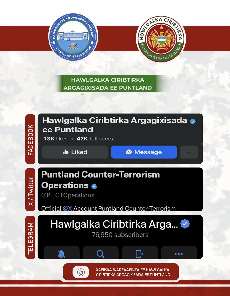 PL_CTOperations's tweet image. These are our official verified accounts on social media platforms : Facebook, X/Twitter, and Telegram. #Puntland #counterterrorism #Somalia