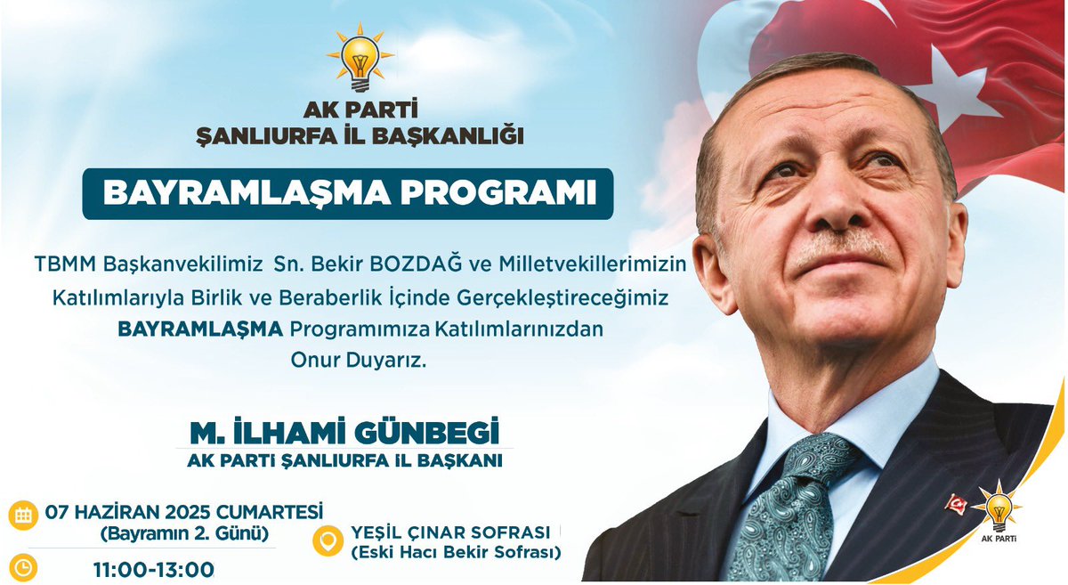Birlik ve beraberlik içinde gerçekleştireceğimiz Bayramlaşma programımıza tüm teşkilatlarımız ve halkımız davetlidir

📆 07 Haziran 2025 Cumartesi
(Bayramın 2. Günü)
📍Yeşil Çınar Sofrası (Eski Hacı Bekir Sofrası Yeri)
🕒 11.00-13:00 
<a href="/milhamigunbegi/">Mehmet İlhami GÜNBEGİ</a>
<a href="/ElgunSuleyman/">Suleyman Elgün 🇹🇷🌹</a> <a href="/mehmetkusnet/">Mehmet Kuş 🇹🇷</a>