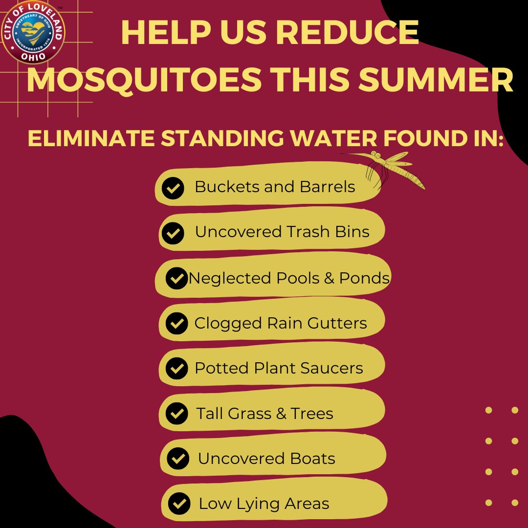 🦟 Help Us Reduce Mosquitoes This Summer! 🦟
Standing water is a mosquito's favorite breeding ground. Do your part by checking these common spots around your home and yard.

Let’s keep Loveland bite-free and summer-ready! 🌞💧
