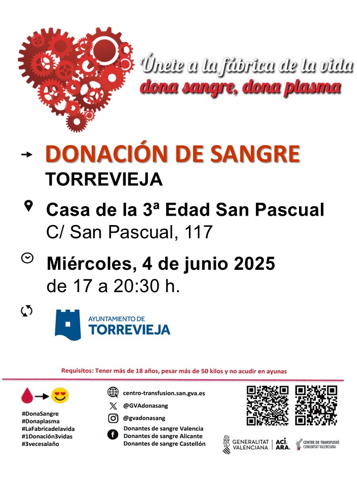 Donació de sang en #Torrevieja 
📅Dimecres #4juny
👉En algun moment, tots podem necessitar una transfusió.

#DonaSang,#DonaPlasma,  el teu gest és imprescindible per a salvar vides.

Uneix-te a #LaFâbricaDeLaVida❤️