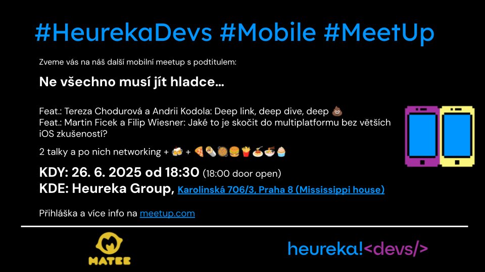 Co děláte 26.6. v podvečer?! Přijďte na náš už čtvrtý #HeurekaDevs #Mobile #meetup, který pořádáme spolu s <a href="/MateeDevs/">Matee</a>. Čekejte f*ck upy i poučení. Reálné příběhy a zkušenosti. Bez příkras. Prostě tak, jak to bylo a je!
Registrace a více infa: 
meetup.com/heurekadevs-me…