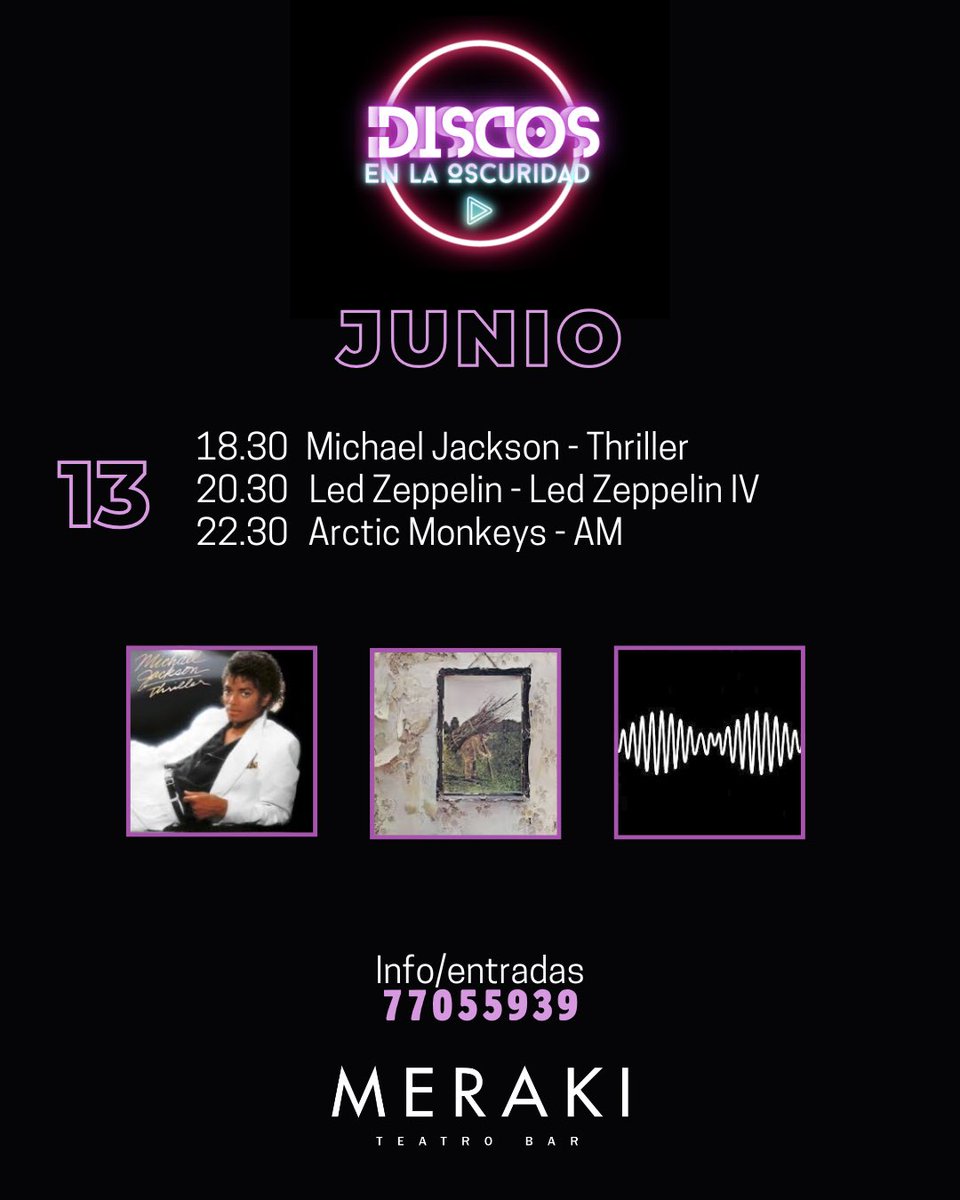 Si están buscando una experiencia distinta, dense una vuelta por Discos en la oscuridad, en <a href="/MerakiTeatroBar/">Meraki Teatro Bar</a>. 

Los días 7, 8 y 13 de junio, nueve grandes álbumes, reproducidos en audio digital de alta resolución, a través de altavoces pro, y en completa oscuridad.