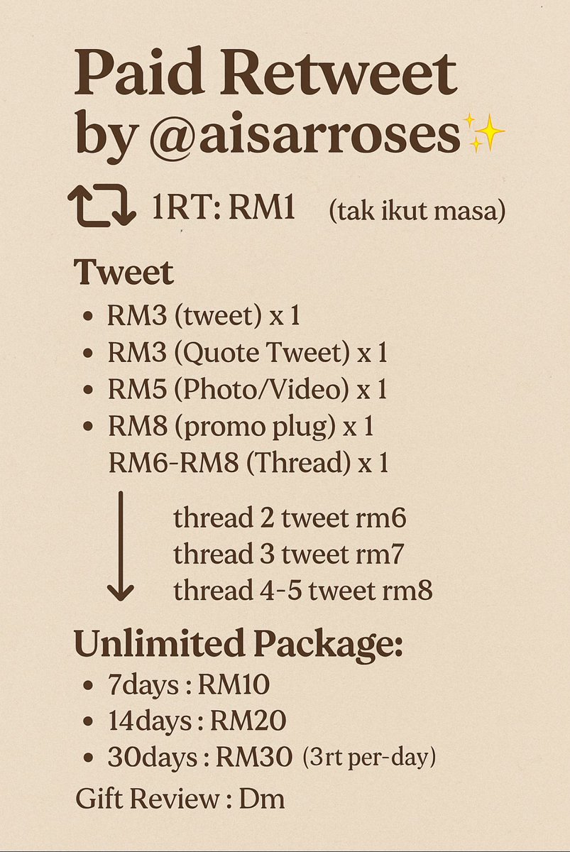 Hai saya ada buat paid rt murah murah. tolong rt untuk rezeki saya . Dm jika berminat &amp; sebarang pertanyaan . ✨