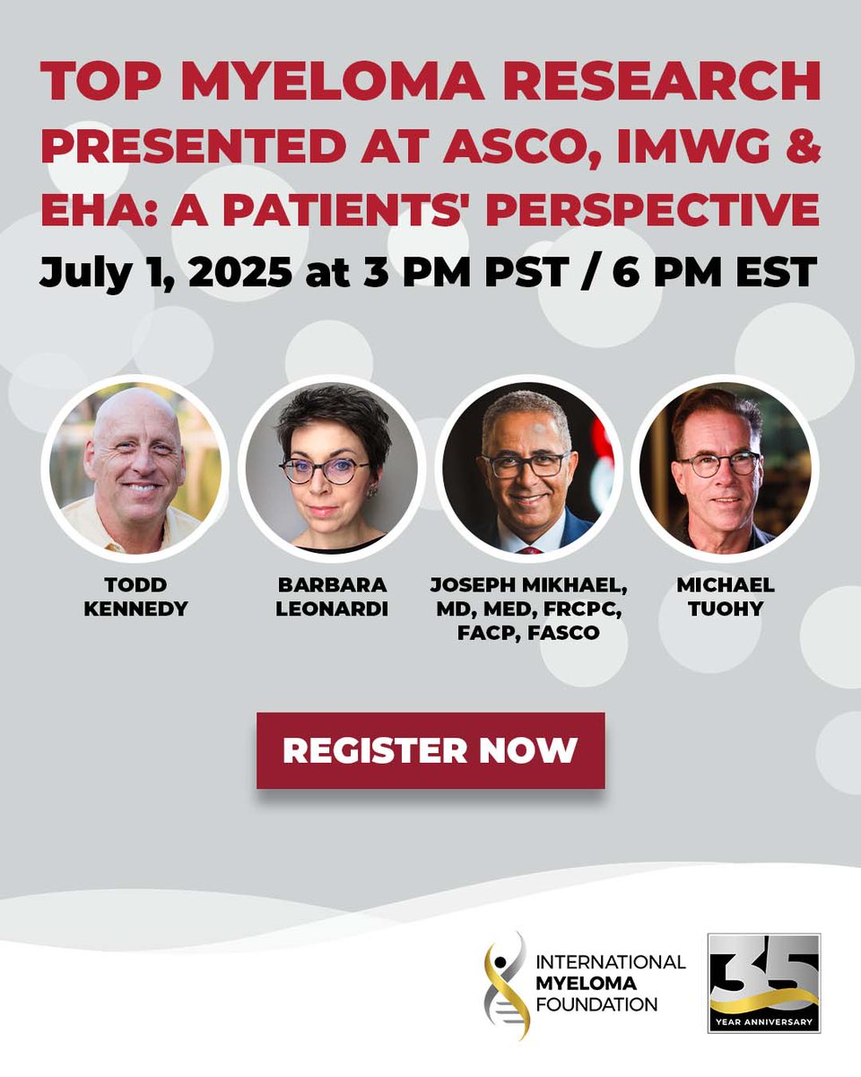 International Myeloma Foundation (@imfmyeloma) on Twitter photo Join us virtually on 7/1 to hear the top myeloma research presented at #ASCO25, #EHA25, & #IMFIMWG! IMF CMO <a href="/jmikhaelmd/">Joseph Mikhael</a> will highlight & explain meeting abstracts in approachable terms that patients can use in everyday care. mmsm.link/4kTQD1P #IMFASCO #IMFEHA Join us virtually on 7/1 to hear the top myeloma research presented at #ASCO25, #EHA25, & #IMFIMWG! IMF CMO <a href="/jmikhaelmd/">Joseph Mikhael</a> will highlight & explain meeting abstracts in approachable terms that patients can use in everyday care. mmsm.link/4kTQD1P #IMFASCO #IMFEHA