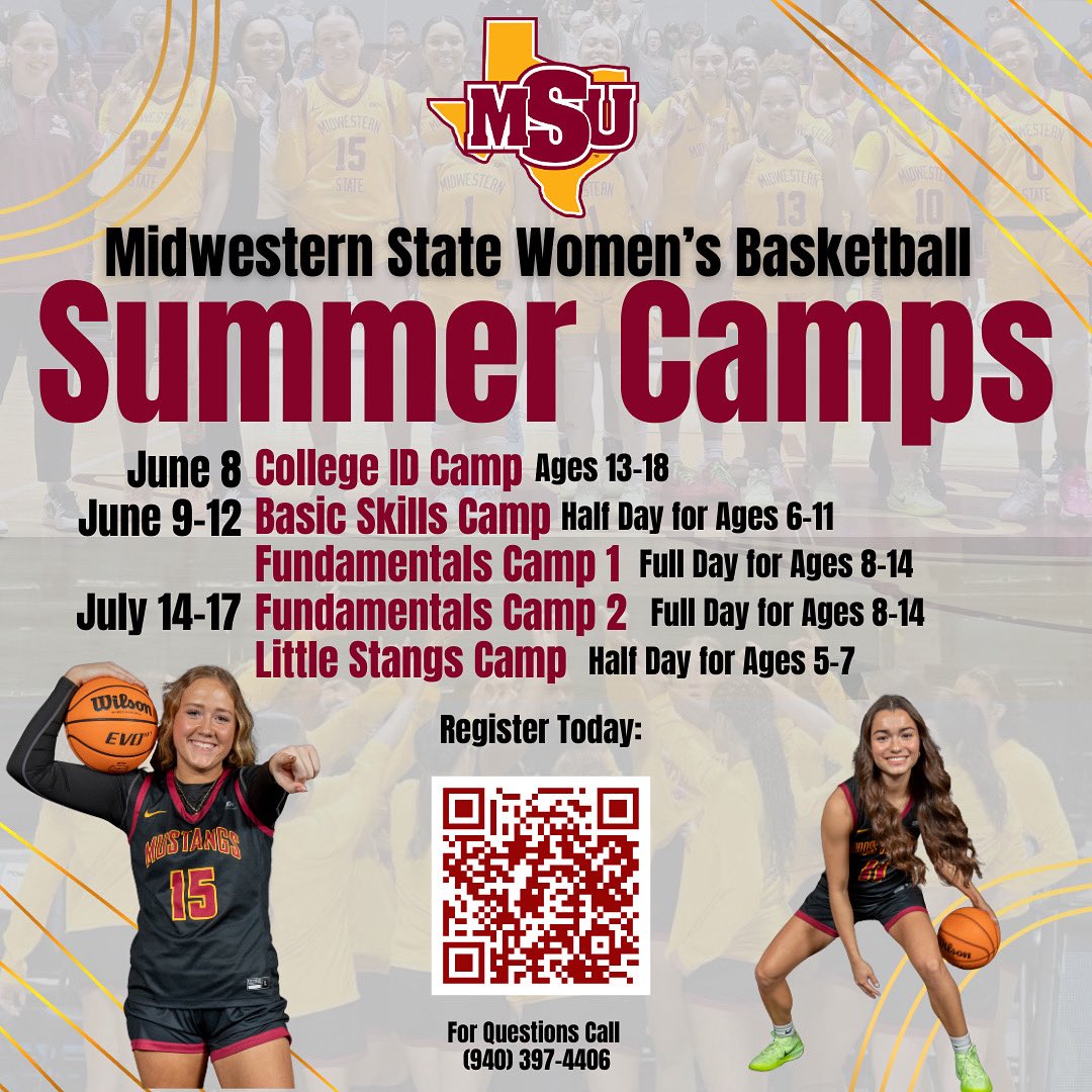 Just a few more days to get your kids signed up for basketball camp. Come and enjoy basketball with MSU Women’s Basketball Team &amp; Coaches. 🐎🏀

📍 D.L. Ligon Coliseum: 3410 Taft Blvd. Wichita Falls, TX

💻 Register: register.ryzer.com/camp.cfm?id=29…