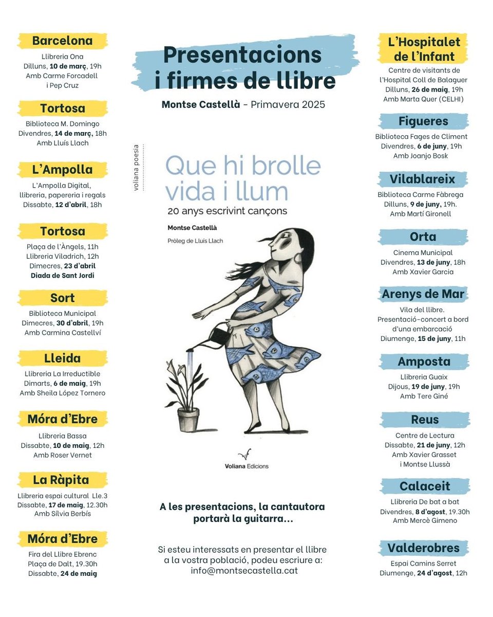 montse castellà espuny (@montsecastella) on Twitter photo Presentacions de llibre.
En groc, les que ja hem fet.
En blau, les properes.
Vos hi esperem!
<a href="/volianacat/">Voliana Edicions</a> <a href="/BiblioFigueres/">Biblioteca de Figueres</a> <a href="/EspaiGuaix/">Espai Cultural Guaix</a> <a href="/martigironell/">Martí Gironell</a> <a href="/rvilablareix/">Ràdio Vilablareix, 107.5 FM 📻 (Girona)</a> <a href="/debatabat/">Som Debat a Bat</a> <a href="/xgraset/">Xavier Grasset i Foraster</a> <a href="/Montsllussa/">Monts Llussà-Masdéu</a> <a href="/serret_octavio/">Octavio Serret</a> Presentacions de llibre.
En groc, les que ja hem fet.
En blau, les properes.
Vos hi esperem!
<a href="/volianacat/">Voliana Edicions</a> <a href="/BiblioFigueres/">Biblioteca de Figueres</a> <a href="/EspaiGuaix/">Espai Cultural Guaix</a> <a href="/martigironell/">Martí Gironell</a> <a href="/rvilablareix/">Ràdio Vilablareix, 107.5 FM 📻 (Girona)</a> <a href="/debatabat/">Som Debat a Bat</a> <a href="/xgraset/">Xavier Grasset i Foraster</a> <a href="/Montsllussa/">Monts Llussà-Masdéu</a> <a href="/serret_octavio/">Octavio Serret</a>