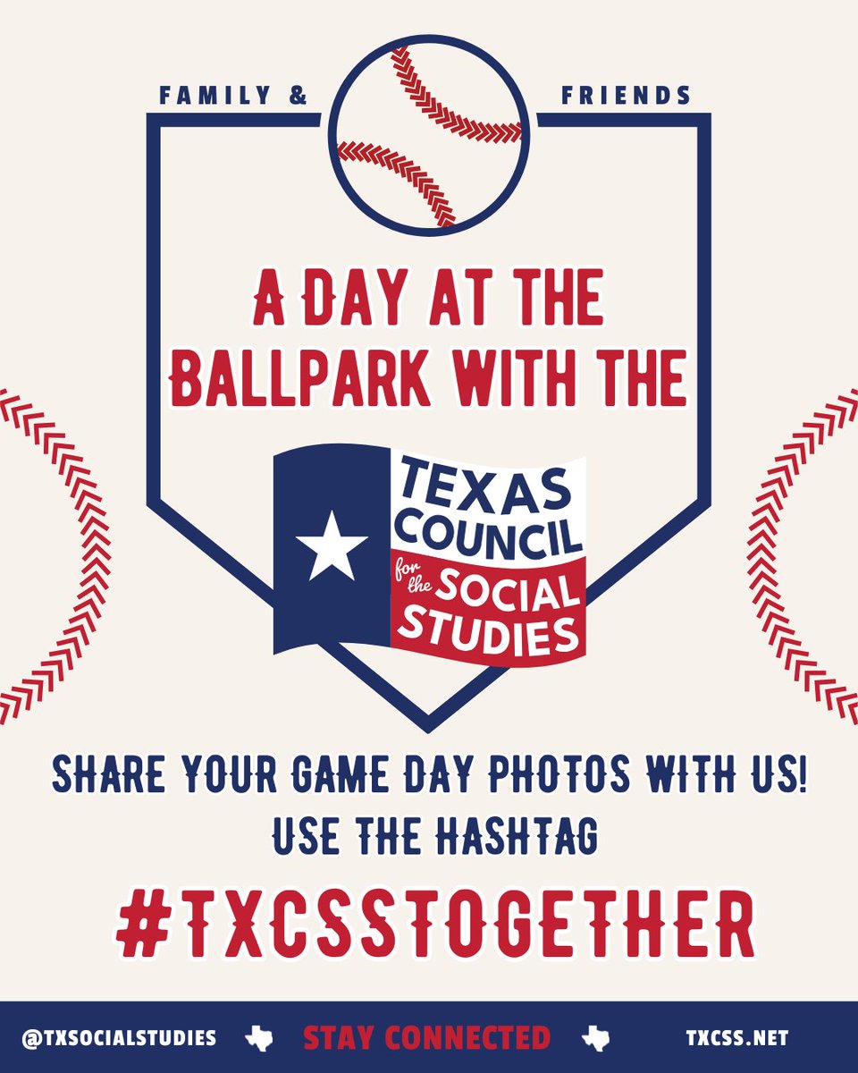 🧢⚾#TXCSS is celebrating the spirit of baseball with our #TXCSSTogether social media campaign! Now thru June 15, attend any game with friends, family, or coworkers and share your experience by tagging @txsocialstudies &amp; #TXCSSTogether. Your images could show up in The Texan!