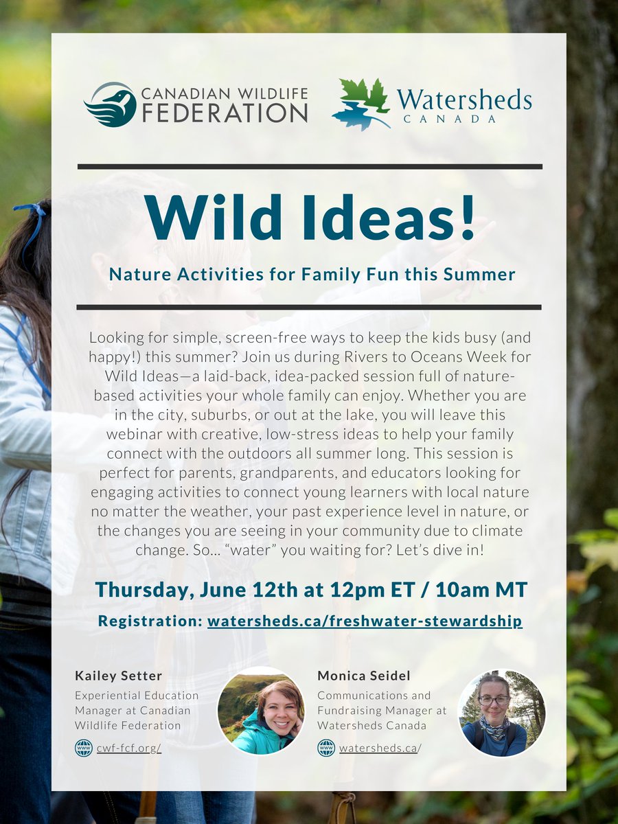 Watersheds Canada (@watershedscan) on Twitter photo Calling all nature lovers and their families! π’
We have another Freshwater Stewardship Community webinar coming up soon! This engaging presentation will be delivered in partnership with the <a href="/CWF_FCF/">Canadian Wildlife Federation</a> and will take place on June 12th, 2025, at 12:00pm ET/10am MT! ποΈ
Join us Calling all nature lovers and their families! π’
We have another Freshwater Stewardship Community webinar coming up soon! This engaging presentation will be delivered in partnership with the <a href="/CWF_FCF/">Canadian Wildlife Federation</a> and will take place on June 12th, 2025, at 12:00pm ET/10am MT! ποΈ
Join us