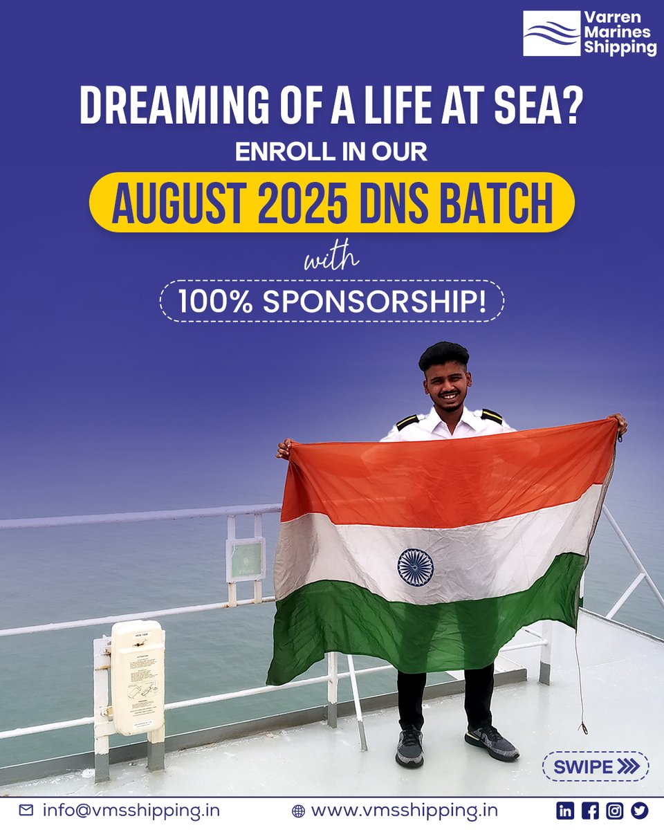 vmsshipping's tweet photo. Set Sail on a Successful Career!
Join the DNS August 2025 Batch with 100% Sponsorship from Varren Marines Shipping.

#DNSSponsorship #MerchantNavyCareer #VarrenMarines #DNS2025Batch #SeafarerJourney #MarineTraining #NauticalScience #LifeAtSea #maritimeeducation #vmsshipping https://t.co/6VMZSFqCw8