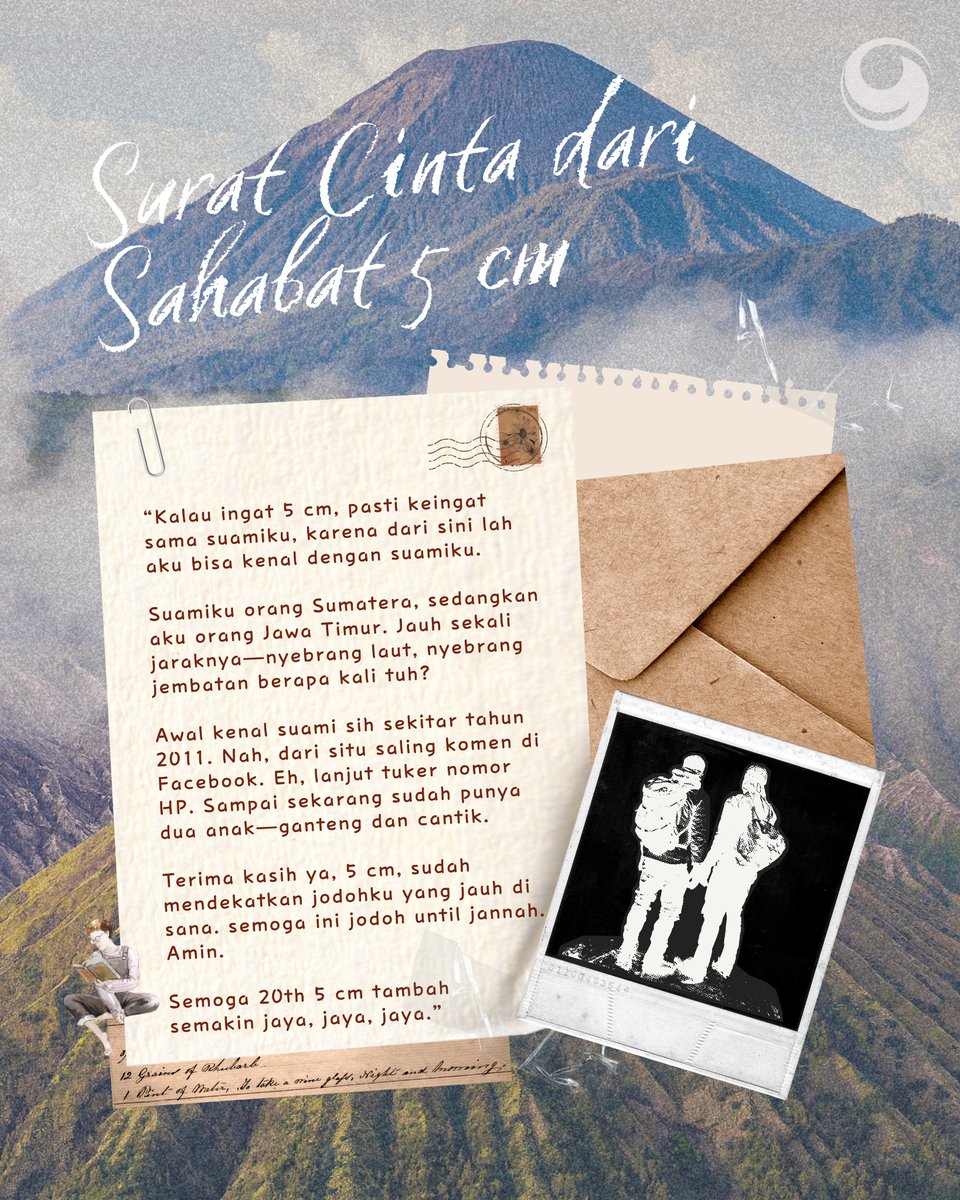 Masih dalam perayaan 20 Tahun Novel 5 cm ✨ | intip yuk cerita-cerita dari hati para Sahabat 5 cm 📬 

Sebuah komunitas yang lahir dari novel, tumbuh jadi keluarga—di tiap pendakian, obrolan lintas kota, dan pelukan hangat saat kembali bersua. [1/2]