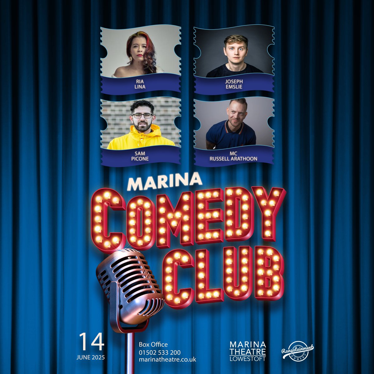🚨10 days to go!🚨

Join us for Marina Comedy Club on Sat 14th Jun for one last show before our redevelopment!🥳

With headliner Ria Lina supported by Joseph Emslie, Sam Picone and host Russell Arathoon!

🎟 marinatheatre.co.uk/whatson-event/… 🎟