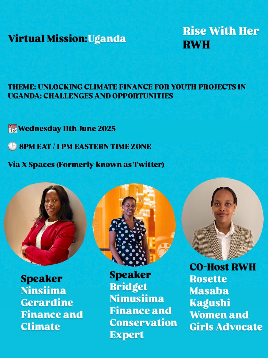 Rise With Her (@with_her52778) on Twitter photo You are all invited! 🔈🔉🔊Our pannel will discuss 🎙️ how to unlock climate finance for youth projects in Uganda focusing on challenges and opportunities.
Find the link 🔗 in our bio.
<a href="/jerrygerardine/">Ninsiima Gerardine</a> <a href="/bridgetnim1513/">bridget nimusiima</a>
<a href="/Rosette_Mk/">Rosette Masaba Kagushi</a>
#climate #climatefinance #youthforclimate You are all invited! 🔈🔉🔊Our pannel will discuss 🎙️ how to unlock climate finance for youth projects in Uganda focusing on challenges and opportunities.
Find the link 🔗 in our bio.
<a href="/jerrygerardine/">Ninsiima Gerardine</a> <a href="/bridgetnim1513/">bridget nimusiima</a>
<a href="/Rosette_Mk/">Rosette Masaba Kagushi</a>
#climate #climatefinance #youthforclimate