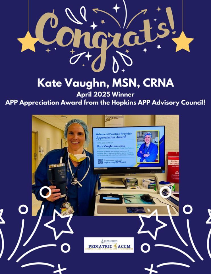 🎉 Congratulations to Pediatric CRNA Kate Vaughn for earning the April #APPAppreciationAward! 🏆 As lead pediatric CRNA at Johns Hopkins Children’s Center, Kate’s clinical excellence &amp; leadership have inspired so many! Thank you for setting the standard for care and teamwork!
