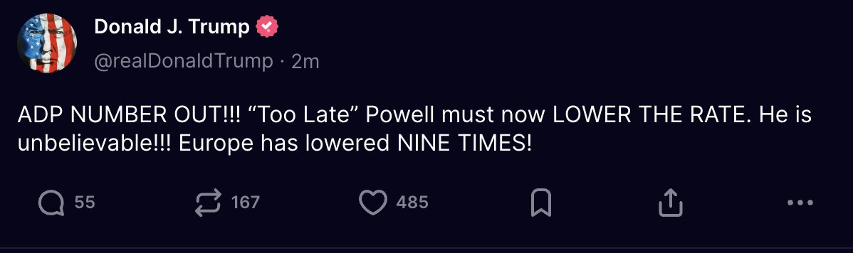 🚨 BREAKING: "Trump elogia Powell ma chiede un abbassamento dei tassi in risposta ai dati sull'occupazione"