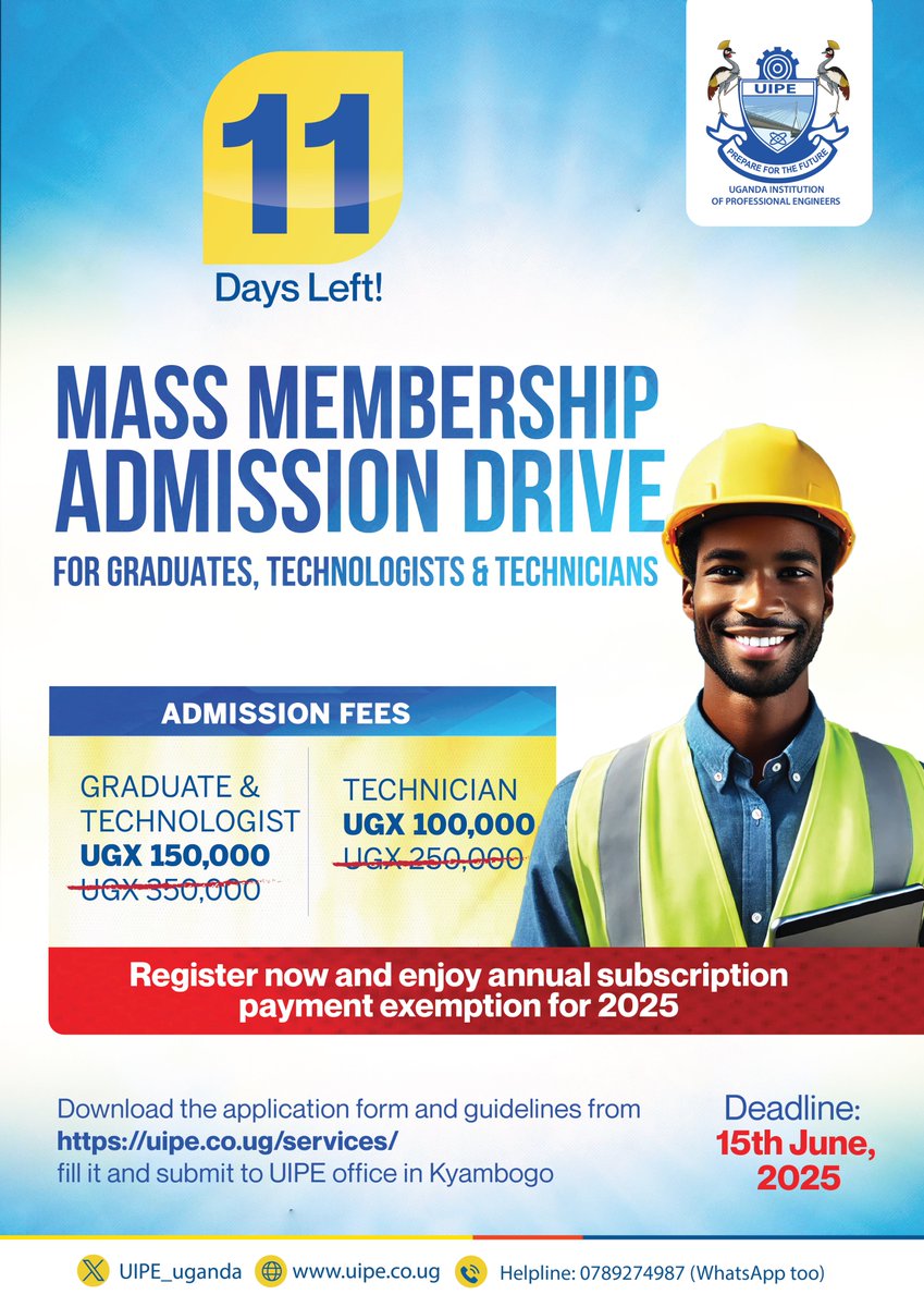 Only 11 days left! 

Have you enrolled for Graduate, Technologist, and Technicians membership? 

Register now and enjoy FREE annual subscription for 2025.

#UIPEUpdates #AEW2025Uganda