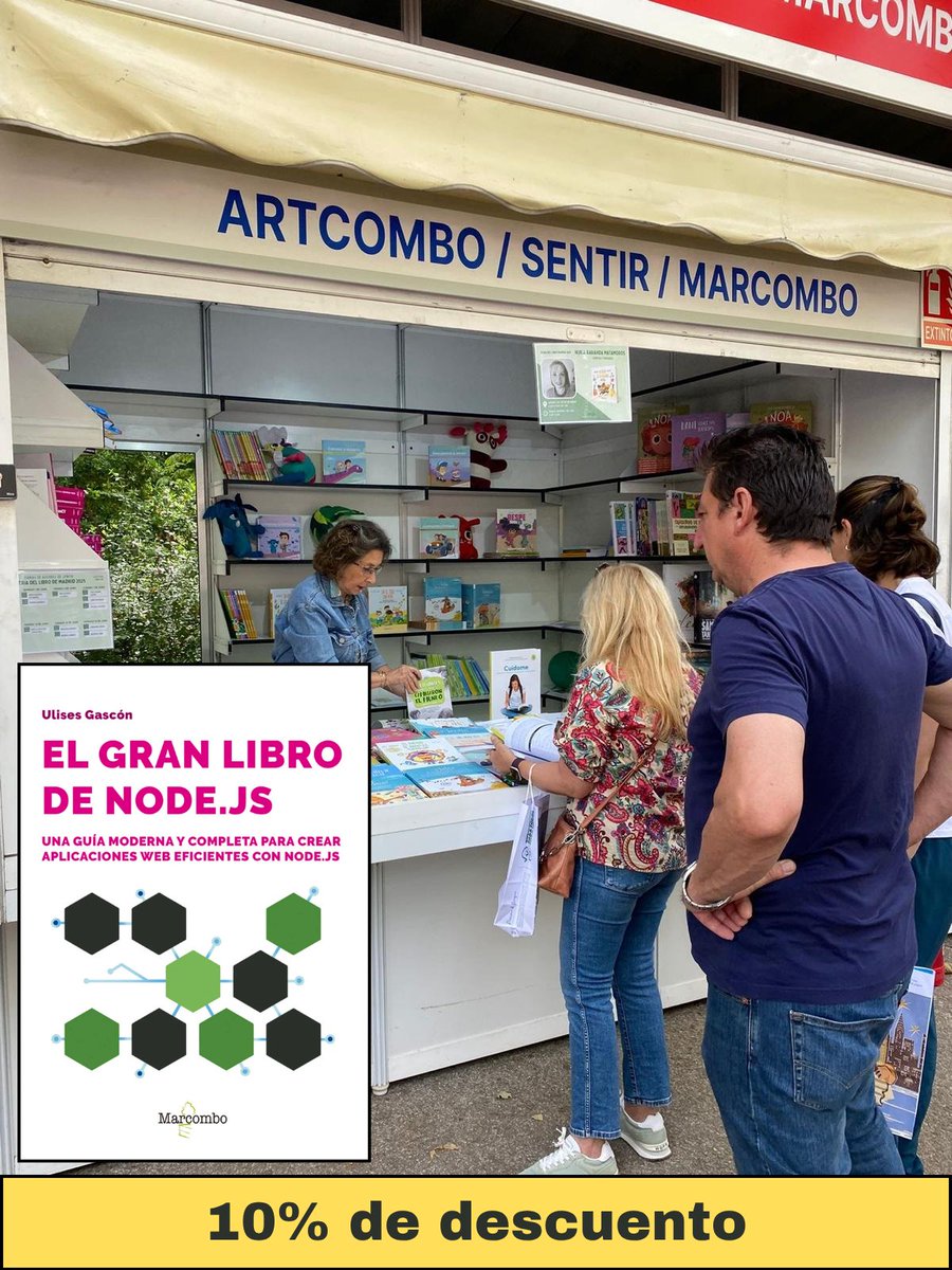 📚 ¡El gran libro de #Nodejs está en la #FeriadelLibroMadrid!

📍 #Caseta365 – ARTCOMBO / SENTIR / MARCOMBO
🗓️ Hasta el 15 de junio
🔖 10% de descuento

Una guía moderna para dominar #Nodejs desde cero.

¡Pásate! 🚀