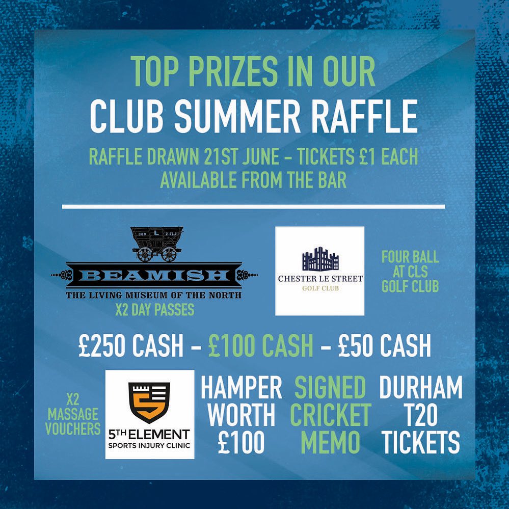 clscricketclub's tweet image. 🎟️🎟️🎟️🎟️🎟️🎟️

Here’s our list of amazing raffle prizes for our Summer Raffle, to be drawn 21st June

A huge thanks to @Beamish_Museum , @clsgcteam, 5th Element Sports Clinic and @DurhamCricket for their generous donations!

Tickets are on sale at the bar and are priced at just £1