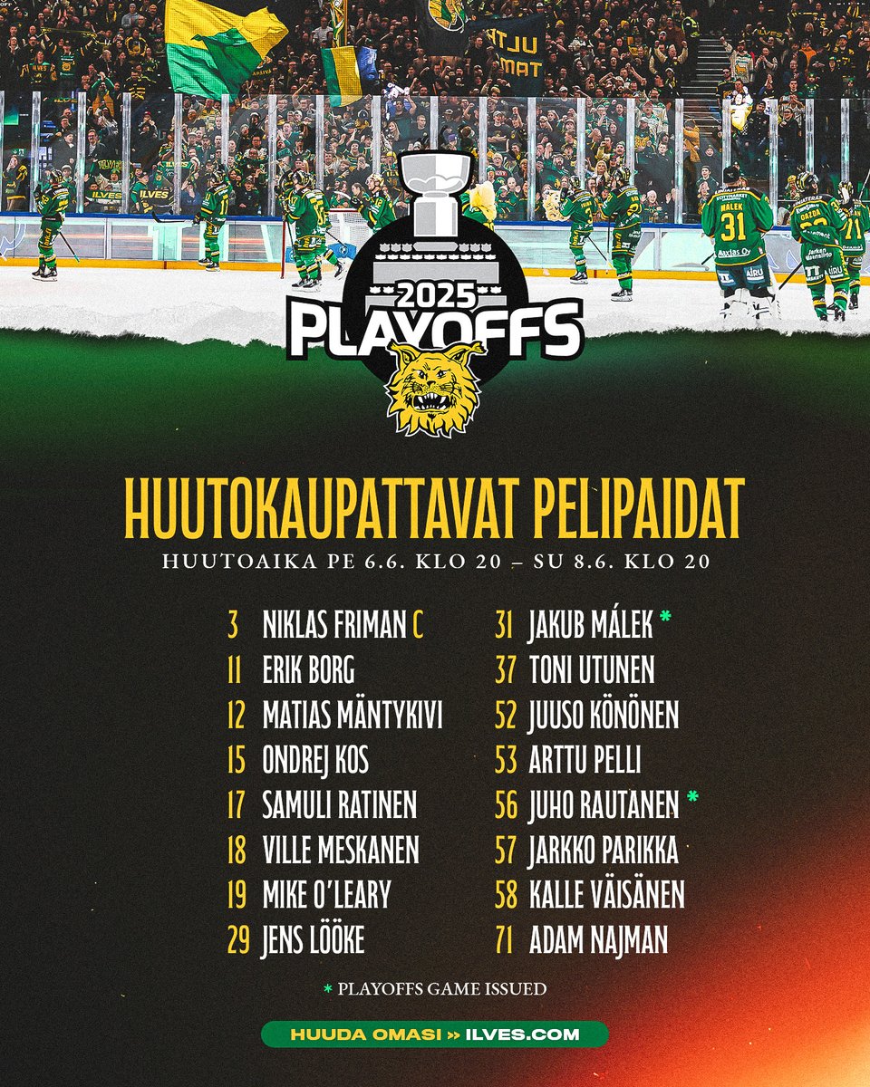📣 Kauden 2024–2025 viimeiset Ilves-pelipaidat huutokaupataan viikonloppuna — tarjolla ovat playoffs-otteluissa käytetyt vihreät kotipelipaidat.

🗓️ Huutolinkki julkaistaan perjantaina osoitteessa ➡️ ilves.com

#Ilves #Liiga