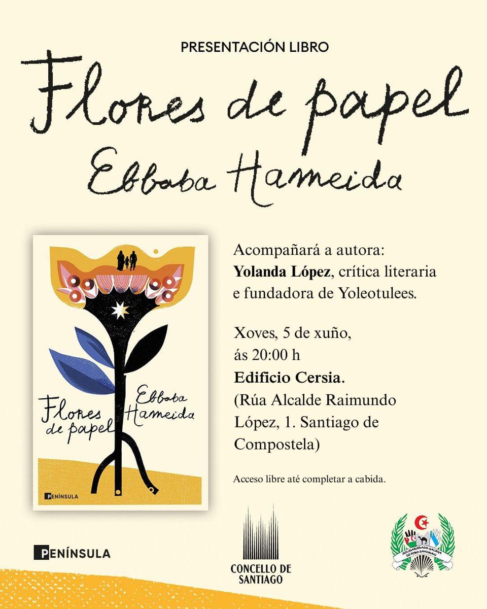 𝔽𝕚𝕥𝕠 𝔸. 𝕋. فيتو 🇪🇭 (@fitoat) on Twitter photo 📚✨ Este xoves 5 de xuño ás 20:00 h temos unha cita coa literatura e coa memoria no Edificio Cersia (Rúa Alcalde Raimundo López, 1. Santiago de Compostela).
A xornalista e escritora <a href="/Ebbaba_H/">Ebbaba Hameida ابابة</a> presenta o seu libro Flores de papel, acompañada pola crítica literaria Yolanda 📚✨ Este xoves 5 de xuño ás 20:00 h temos unha cita coa literatura e coa memoria no Edificio Cersia (Rúa Alcalde Raimundo López, 1. Santiago de Compostela).
A xornalista e escritora <a href="/Ebbaba_H/">Ebbaba Hameida ابابة</a> presenta o seu libro Flores de papel, acompañada pola crítica literaria Yolanda