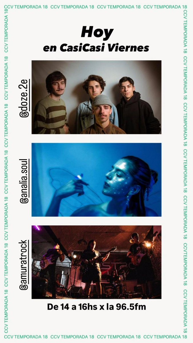 CasiCasiViernes (@casicasiviernes) on Twitter photo Hoy de 14 a 16 por <a href="/RadioU96_5/">Radio U</a> 📻🎧
Presentamos a #Doze 🎤
Rockeamos con Amurat 🎸
Repasamos #casicasicobertura d <a href="/pasado_verde/">Pasado Verde</a> y #spaghettiwestern en Niceto
Nos sumergimos en las melodías de <a href="/analiasoul/">Analía Soul ⭐️⭐️⭐️</a> 💿
Traemos un nuevo capítulo de la #BitácoraDeVaras ✒️ Hoy de 14 a 16 por <a href="/RadioU96_5/">Radio U</a> 📻🎧
Presentamos a #Doze 🎤
Rockeamos con Amurat 🎸
Repasamos #casicasicobertura d <a href="/pasado_verde/">Pasado Verde</a> y #spaghettiwestern en Niceto
Nos sumergimos en las melodías de <a href="/analiasoul/">Analía Soul ⭐️⭐️⭐️</a> 💿
Traemos un nuevo capítulo de la #BitácoraDeVaras ✒️
