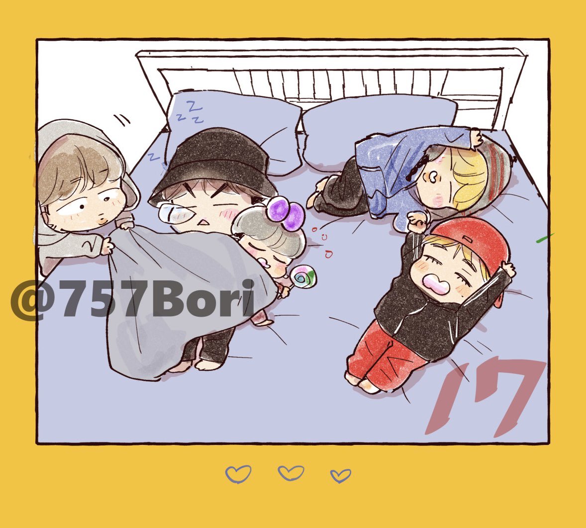 今日のちびシリーズは
タリョラカナダ編のベッド上のテトリスを思い出して‥
人文字カウントダウン🎉

#btsfanart 
#BTSV  #SUGA  #jimin  #JUNGKOOK 
#RM
