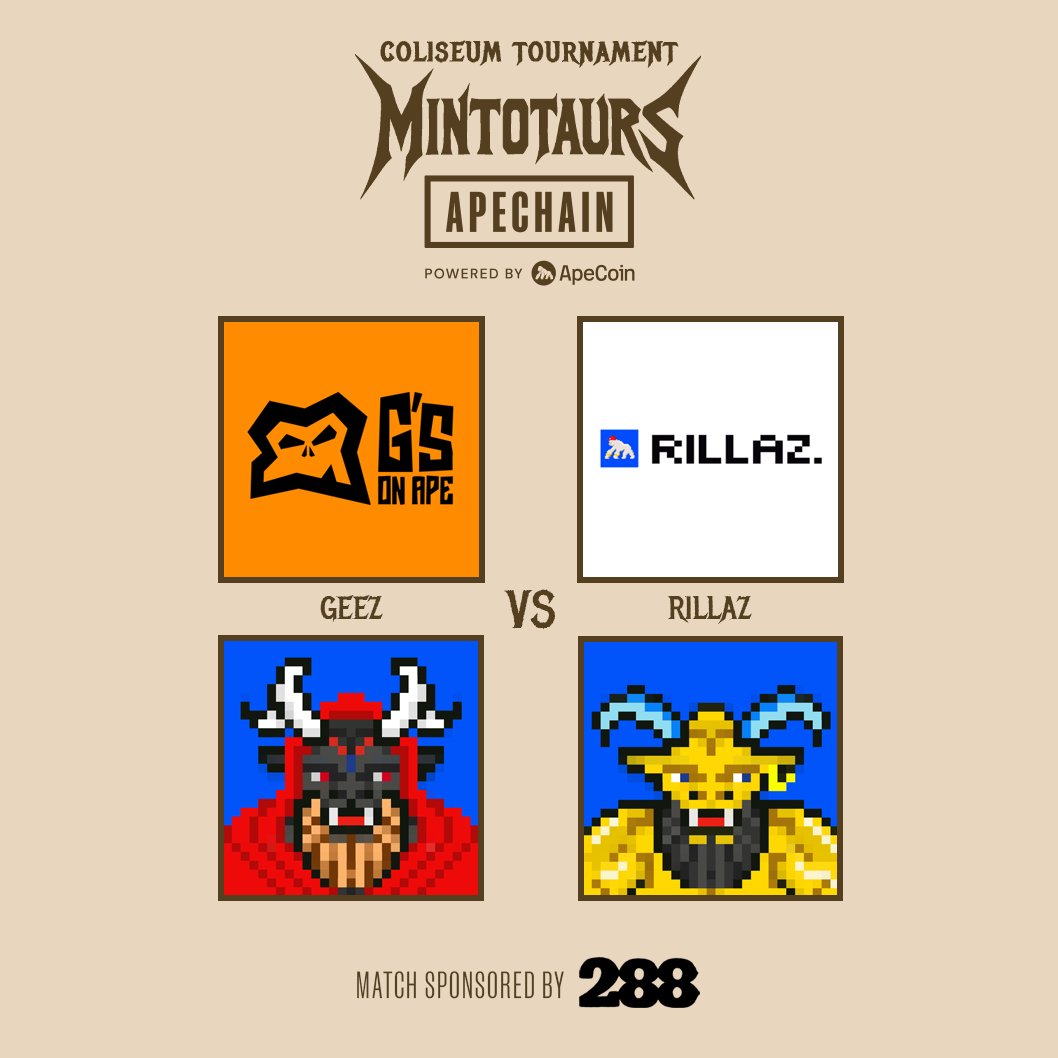 Mintotaurs (@mintotaurs) on Twitter photo HORN AGAINST HORN.
STRENGTH AGAINST STRENGTH.
<a href="/GeezOnApe/">GeezOnApe</a> VS <a href="/ApeChainRILLAZ/">RILLAZ ๐ฆ</a>
THE COLISEUM IS SUMMONING YOU โ๏ธ
JUNE 7TH ON <a href="/ApeChainHUB/">ApeChainHUB</a> HORN AGAINST HORN.
STRENGTH AGAINST STRENGTH.
<a href="/GeezOnApe/">GeezOnApe</a> VS <a href="/ApeChainRILLAZ/">RILLAZ ๐ฆ</a>
THE COLISEUM IS SUMMONING YOU โ๏ธ
JUNE 7TH ON <a href="/ApeChainHUB/">ApeChainHUB</a>