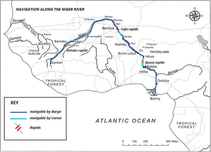 The Niger-Senegal-Gambia river complex united a considerable portion of West Africa from Senegal through the Hausalands and down to Benin, into a hydrographic system that was ultimately connected to the Atlantic.
africanhistoryextra.com/p/navigable-wa…