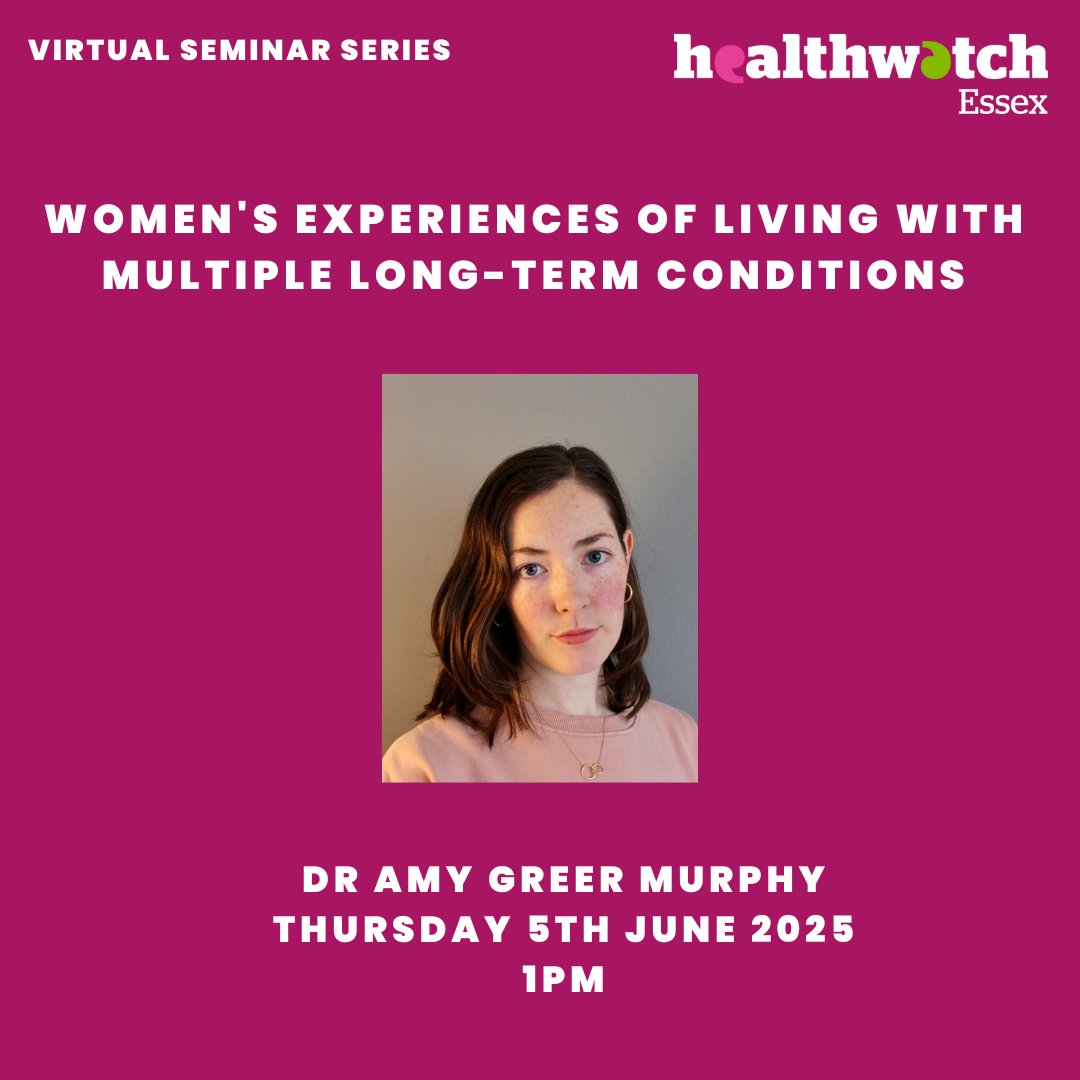 Next up in our virtual seminar series, we have Dr Amy Greer Murphy, a freelance social researcher, who will be speaking about her work examining the experiences of mothers in an age of austerity - tomorrow on Thursday 5th June at 1pm!

Find out more here: healthwatchessex.org.uk/2025/01/womens…