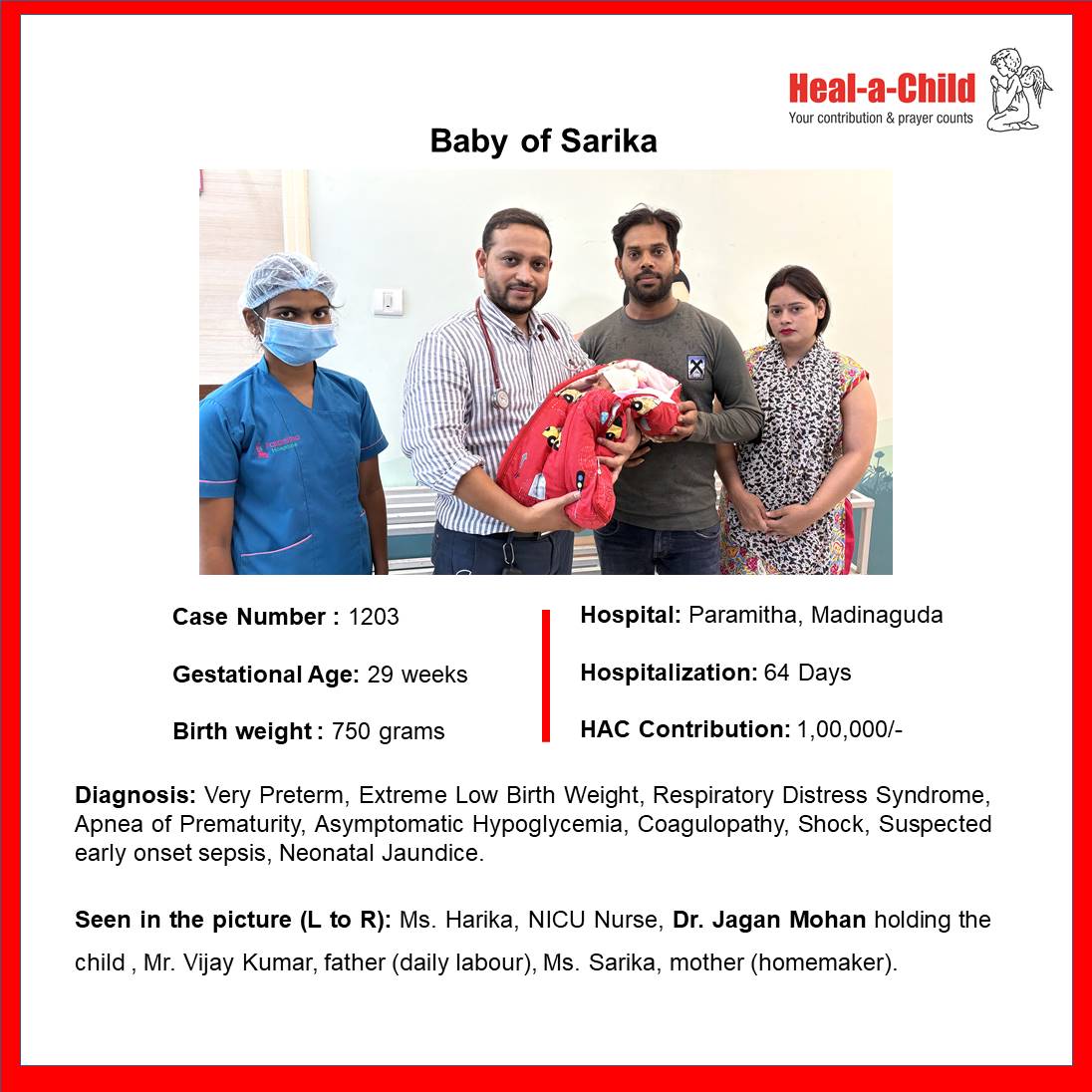 Baby of Sarika #discharged after 64 days of care from Paramitha Hospitals For Women &amp; Children