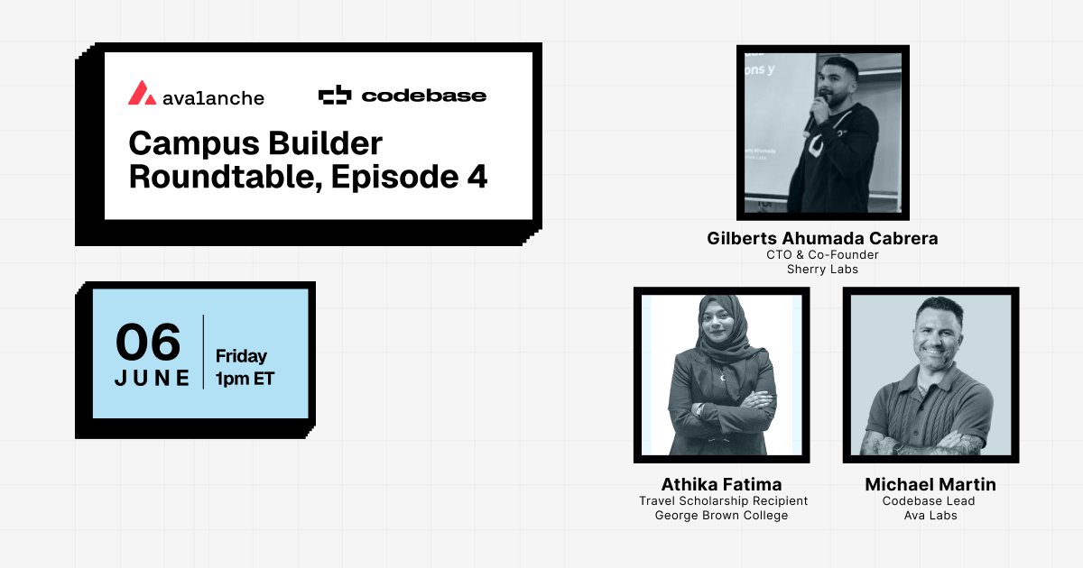 Doro Unger-Lee 🔺🎓🚀 (@doroungerlee) on Twitter photo 🚨 Don't forget! The next <a href="/avax/">Avalanche🔺</a> Campus Builder X Spaces is on June 6 @ 7 PM CET.
We will discuss:
🏆Update on our <a href="/avax/">Avalanche🔺</a> Codebase S3 winners 👀
🔺<a href="/avax/">Avalanche🔺</a> Summit & Hackathon highlights w/our travel scholarship awardee <a href="/athikafz/">Athika Fatima</a>
🍒All things <a href="/SherryProtocol/">Sherry</a> Minithon
🎓 Uni news 🚨 Don't forget! The next <a href="/avax/">Avalanche🔺</a> Campus Builder X Spaces is on June 6 @ 7 PM CET.
We will discuss:
🏆Update on our <a href="/avax/">Avalanche🔺</a> Codebase S3 winners 👀
🔺<a href="/avax/">Avalanche🔺</a> Summit & Hackathon highlights w/our travel scholarship awardee <a href="/athikafz/">Athika Fatima</a>
🍒All things <a href="/SherryProtocol/">Sherry</a> Minithon
🎓 Uni news