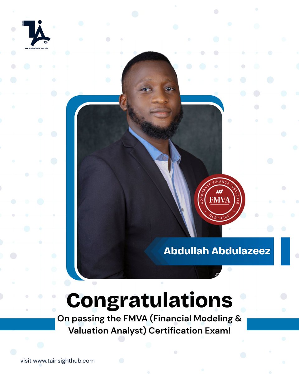 TAInsightHub's tweet photo. Major flex alert! Our Managing Partner, @Itz_Equity just   aced the #FMVA Certification - proof that @TAInsightHub leads from the front.

At @TAInsightHUB, we’re always pushing boundaries, because growth at the top means better insights &amp; solutions for YOU. https://t.co/2sM7xiA37j