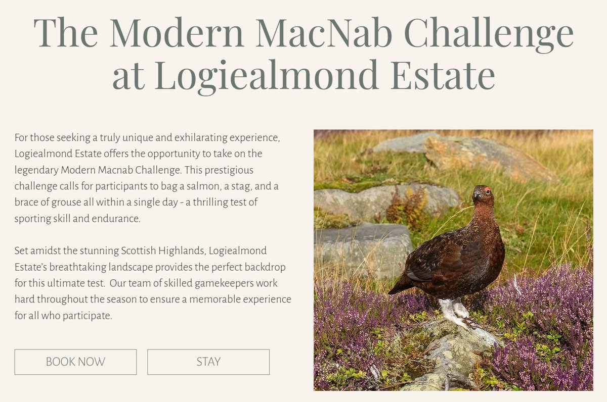 blood_business's tweet image. The Logiealmond Estate offers clients the Macnab Challenge, an opp "to bag a salmon, a stag, and a brace of grouse all within a single day". They call it "a thrilling test of sporting skill and endurance." We call it truly loathsome...
bloodbusiness.info/business/logie…