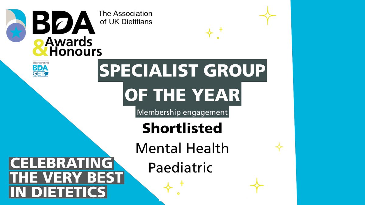 British Dietetic Association (@bda_dietitians) on Twitter photo Well done to <a href="/Dietitians_MHG/">BDA Mental Health Specialist Group</a> and <a href="/BDA_Paediatrics/">BDA Paediatric Group</a> who have been shortlisted for the BDA Specialist Group of the Year for Membership engagement – Congratulations! #BDAAwards Well done to <a href="/Dietitians_MHG/">BDA Mental Health Specialist Group</a> and <a href="/BDA_Paediatrics/">BDA Paediatric Group</a> who have been shortlisted for the BDA Specialist Group of the Year for Membership engagement – Congratulations! #BDAAwards