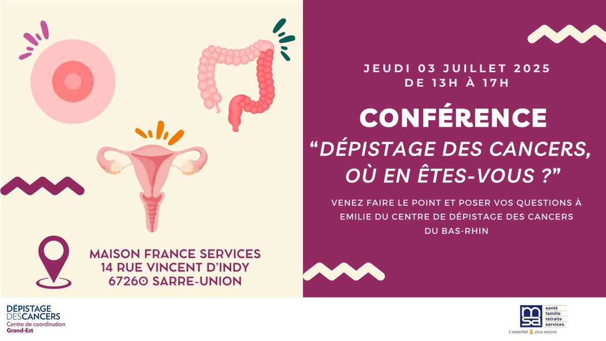 Conférence "Dépistage des cancers, où en êtes-vous ?" ➡️ 1ère date

En partenariat avec le CRCDC Grand Est, la MSA d'Alsace organise une conférence de sensibilisation gratuit et ouvert à tous sur les dépistages des cancers (sein, col de l'utérus et colorectal)

ℹ️ 06.85.26.43.97