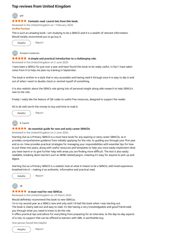 Some awesome book reviews on Amazon 🤩.  For my book, 'Starting Out As a Primary SENCo'. amzn.to/3HqKrzV