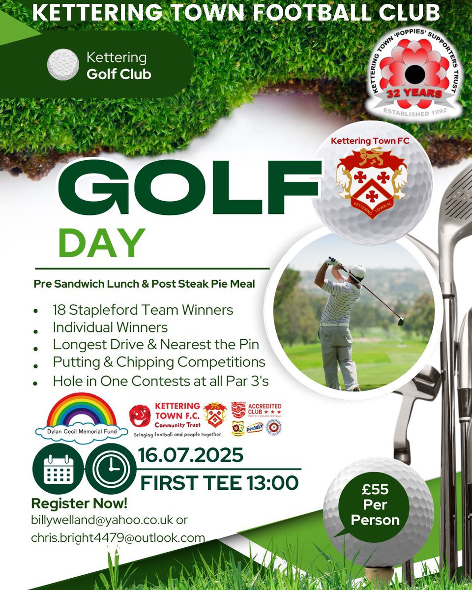 Any more golfers out there who would like to play in the Kettering Town Golf Day? 

We have space for a couple more teams so let us know if you would like to enter a team….will be a great day!
