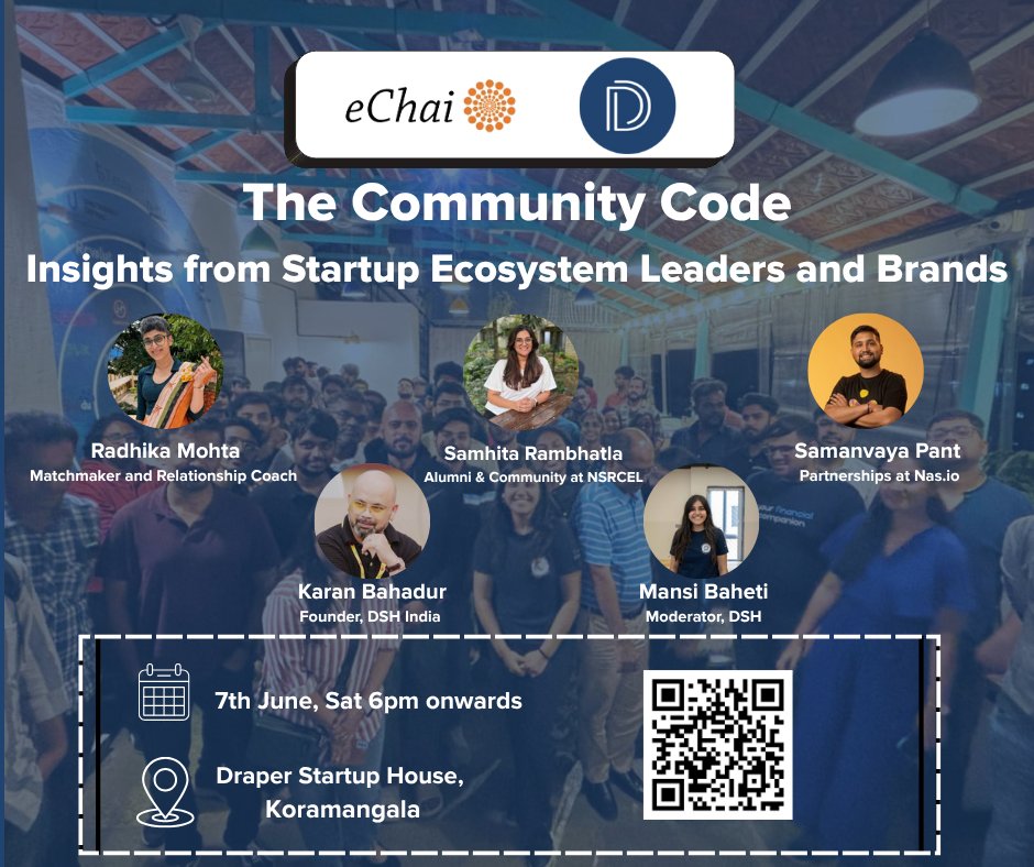 What makes a thriving startup ecosystem tick?
it’s not just capital—it’s community 🧩
Join us for The Community Code by <a href="/eChaiVentures/">eChai Ventures</a> &amp; <a href="/dshglobal/">Draper Startup House</a> 
🗓️ June 7 | 🕕 6PM
📍 DSH, Koramangala

RSVP: echai.ventures/events/the-com…