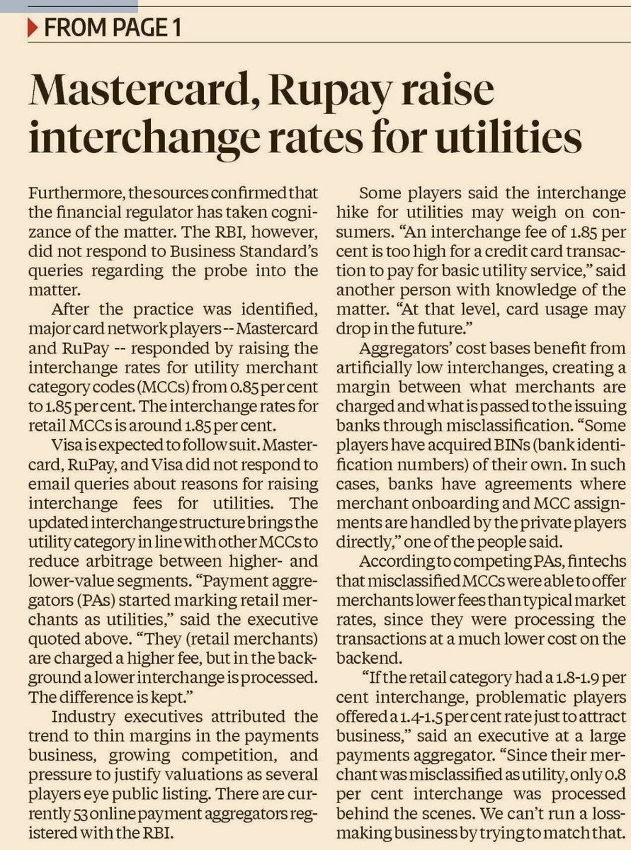 Late to TwT party

Fintechs are under the RBI scanner for allegedly misclassifying merchants to exploit credit card fee structures. 

Several PAs are said to have misclassified merchants, typically in the retail category, under utility -- a segment that draws lower interchange.