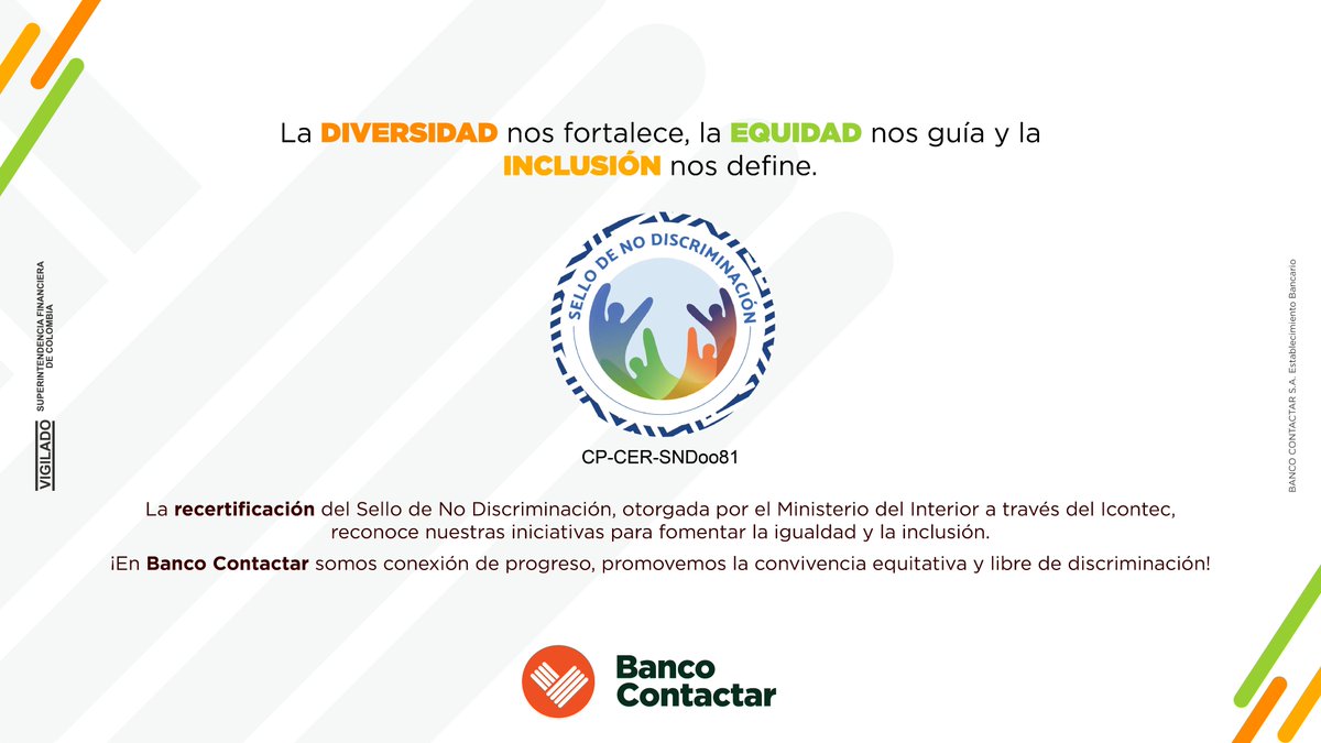 ¡Estamos comprometidos con la No Discriminación! Trabajamos todos los días por establecer relaciones justas, cercanas y confiables, actuando en coherencia con nuestros valores💪Gracias al <a href="/MinInterior/">MinInterior Colombia</a> y a <a href="/ICONTEC/">ICONTEC</a>  por recertificarnos con el Sello de No Discriminación💛💙❤️