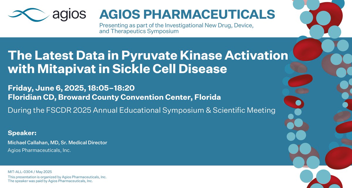 AgiosMedical's tweet image. We’re looking forward to presenting recent data in pyruvate kinase activation in #SickleCell disease at the Foundation for Sickle Cell Disease Research (@FundSickleCell) Annual Educational Symposium & Scientific Meeting. Explore our sickle cell disease resources:…