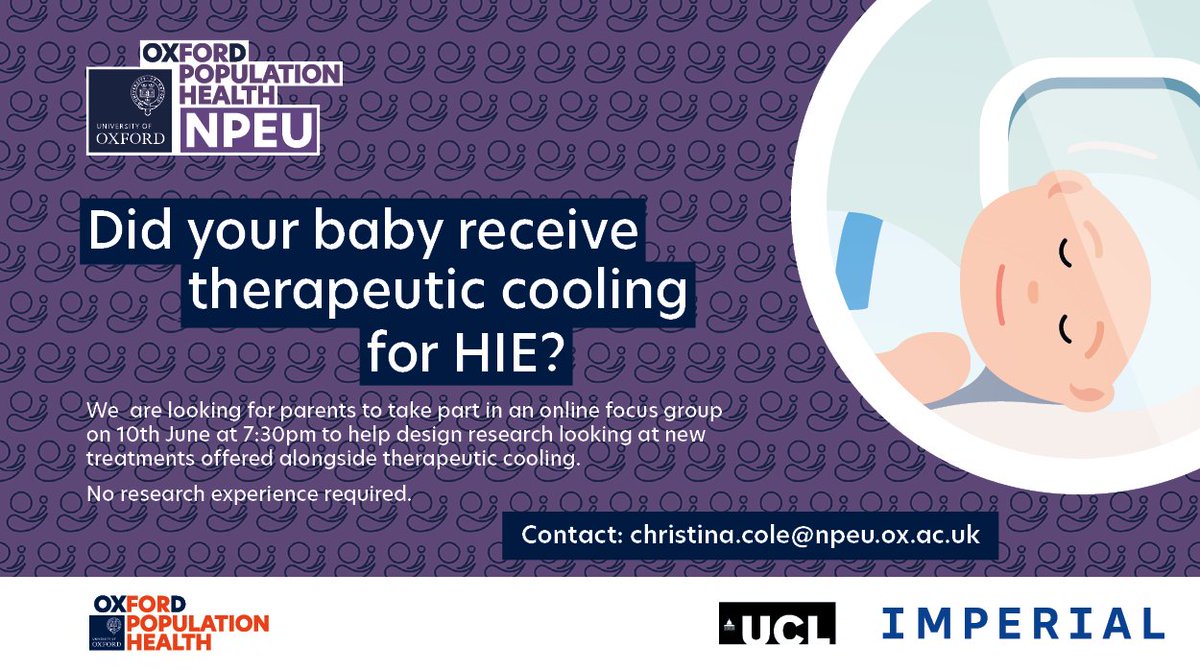NPEU_Oxford's tweet image. 📢We are developing a new study looking at treatments that may help improve care for Hypoxic Ischaemic Encephalopathy (HIE).📢
If you have a child who received cooling therapy for HIE and are interested in taking part in an online focus group please get in touch. @NPEU_CTU